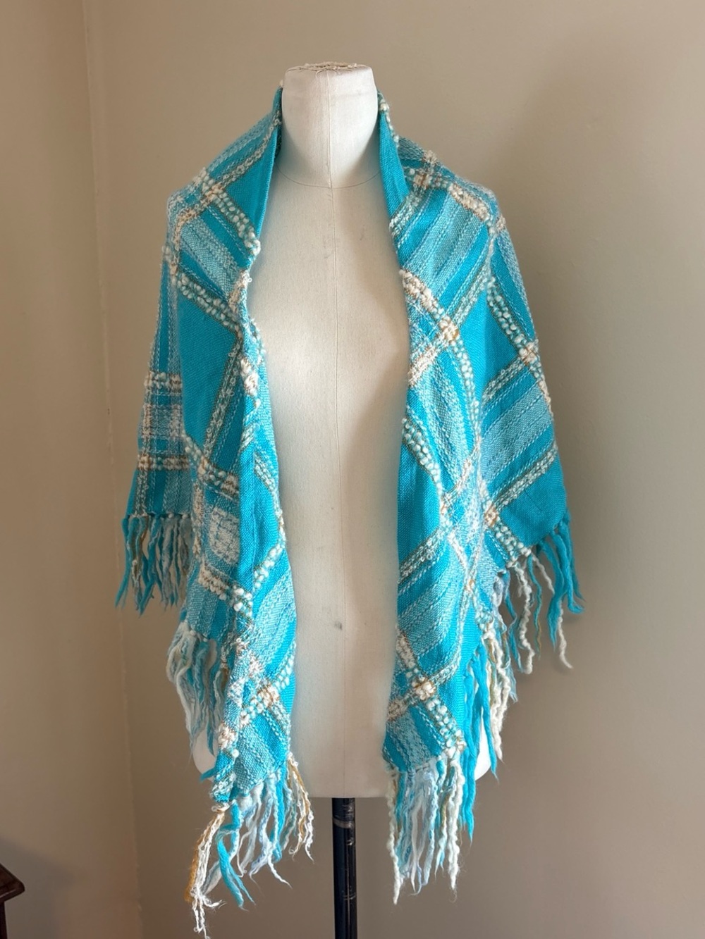 Arola Turquoise Plaid Fringe Wool Shawl